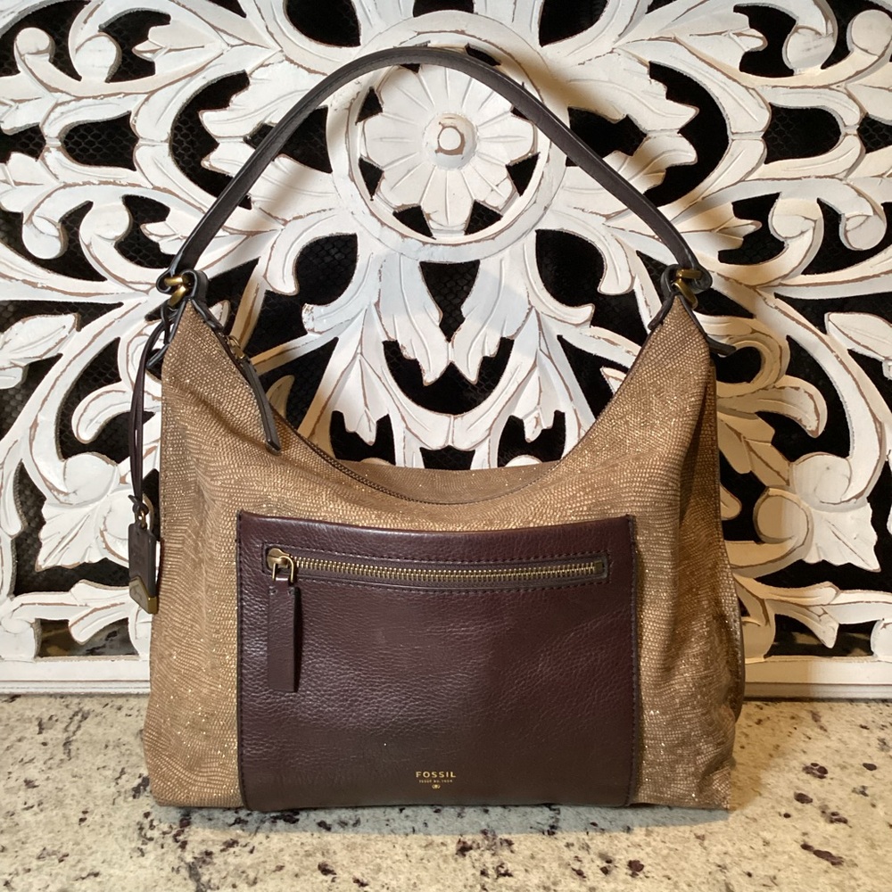 Fossil Vickery Metallic Gold & Chocolate Leather Slouchy Bag W Crossbody Strap